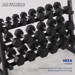 Zwarte Hexa dumbbells van 2,5 tot 25 kg op drie-laags PH Fitness rek – schuin zijaanzicht