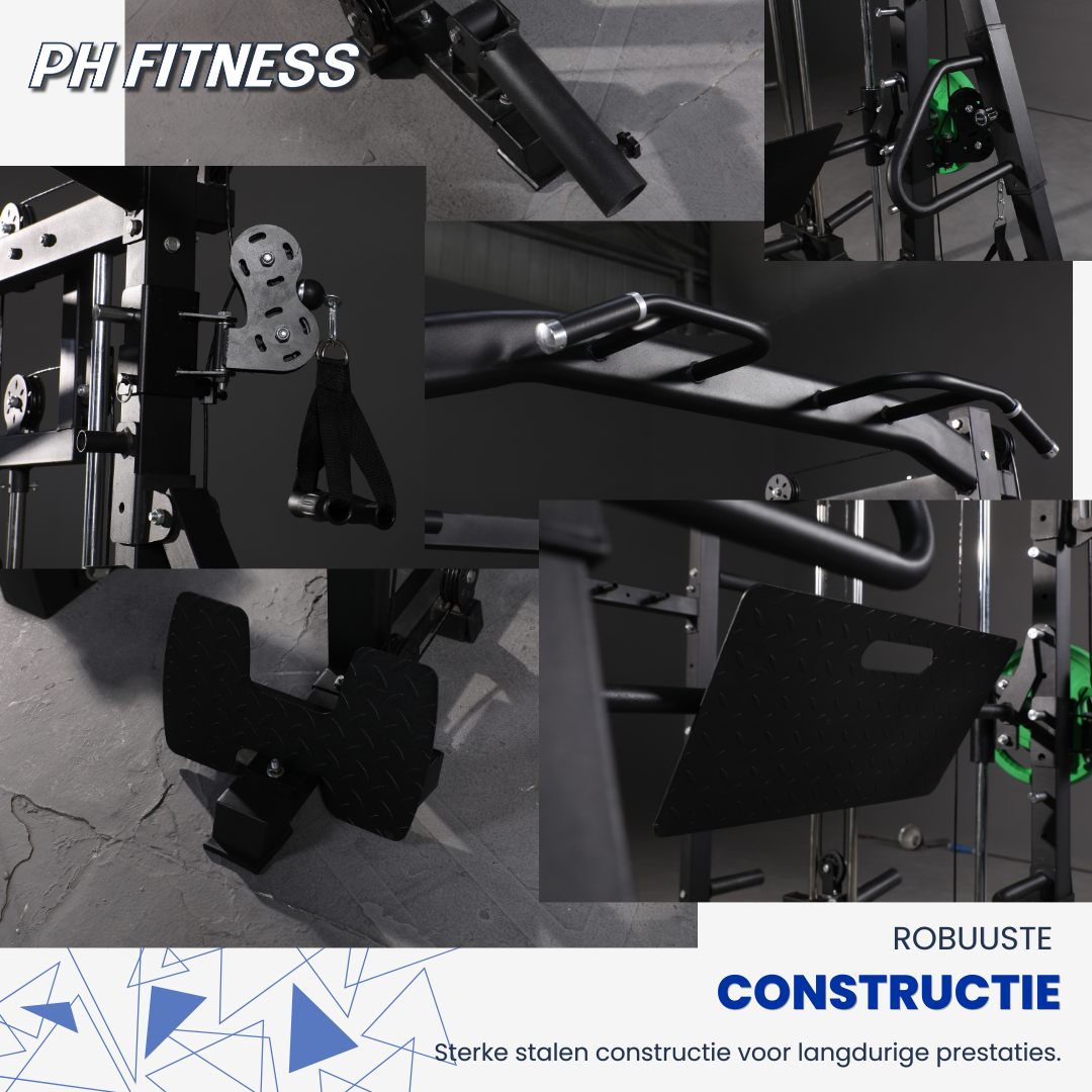 Constructiedetails van de PH Fitness K1S met pulley, jammer arms en leg press