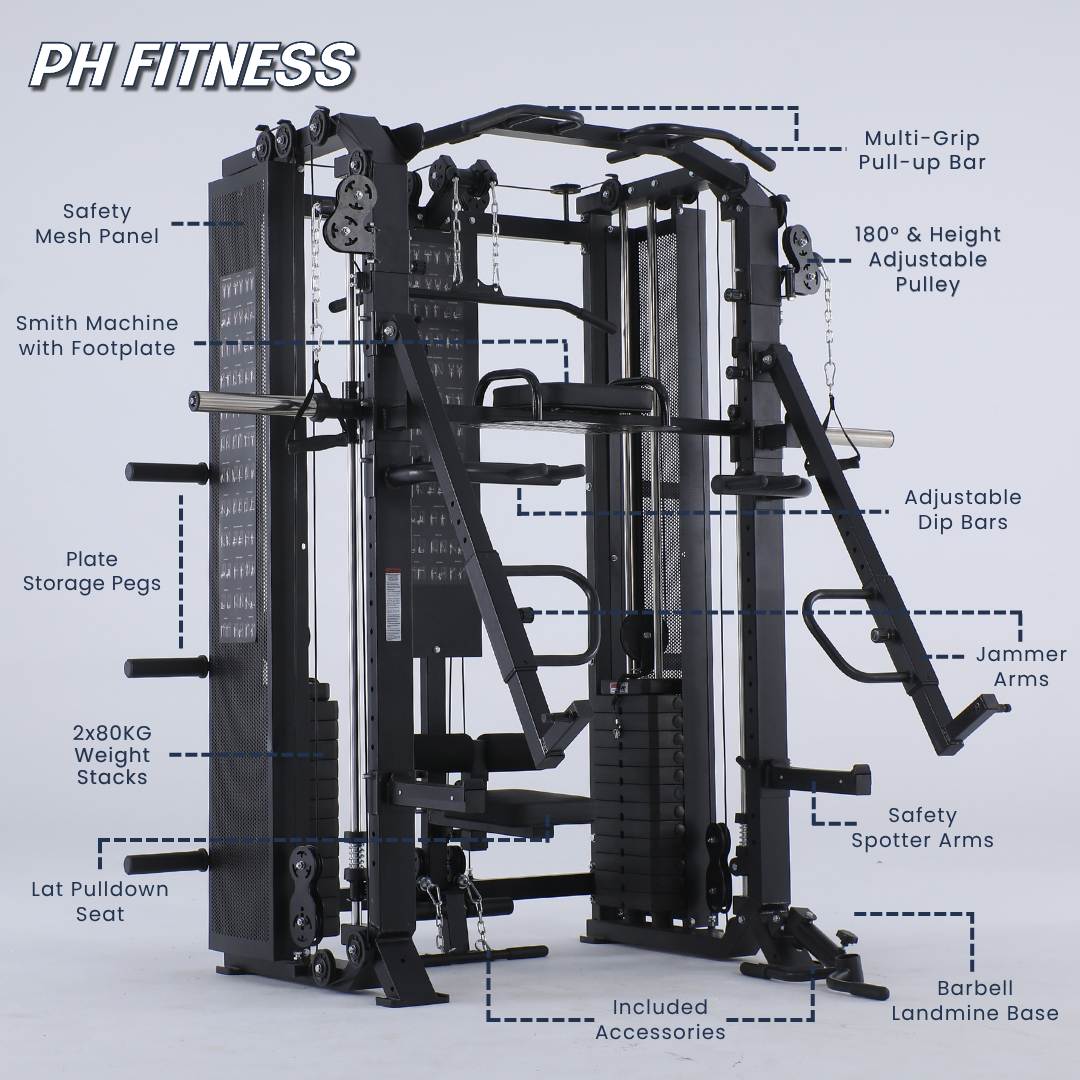 Onderdelenoverzicht van het Apex Pro Rack met Smith Machine, verstelbare pulleys en jammer arms