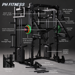Overzicht van de PH Fitness K1S Power Rack met Smith-stang, jammer arms en voetplaat