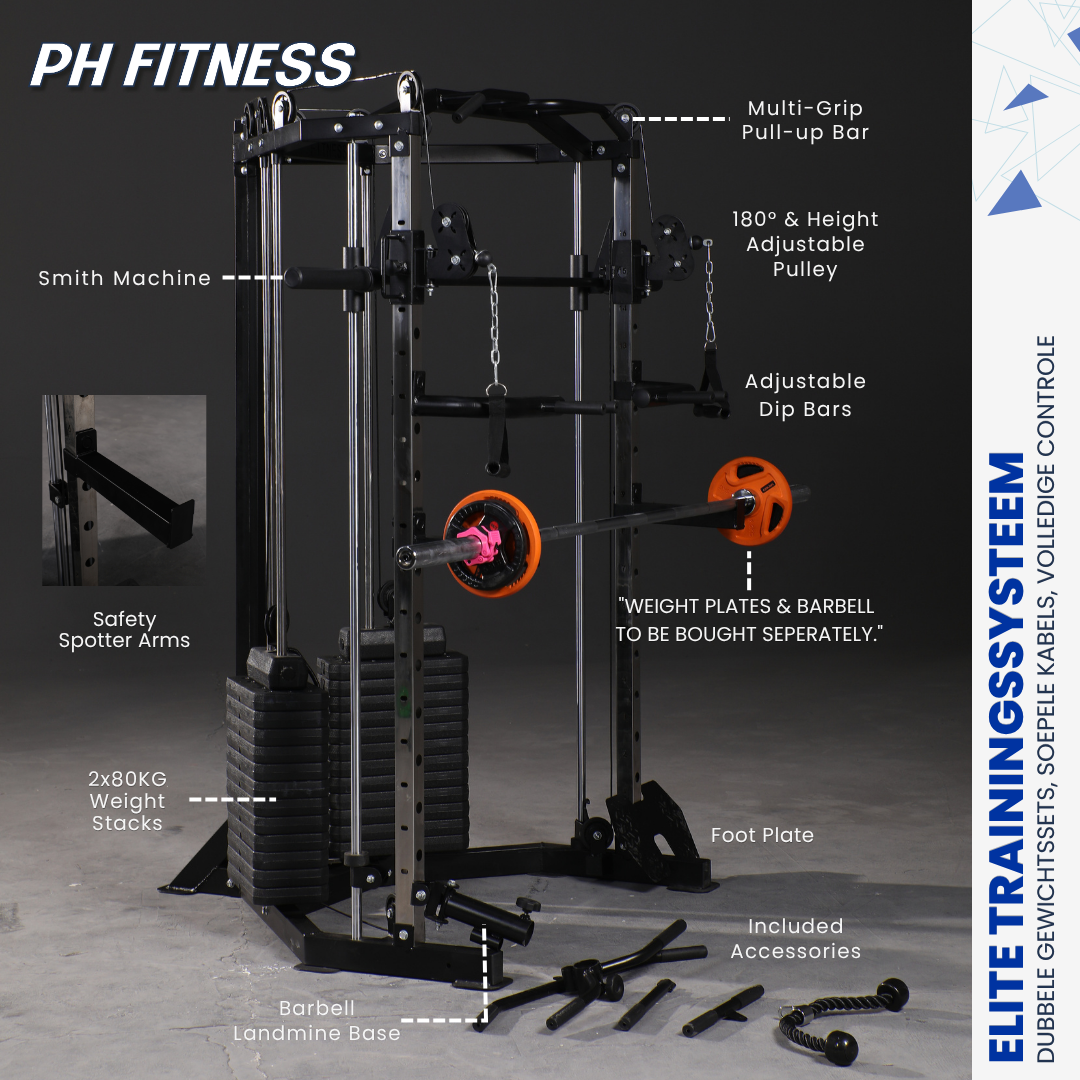 Overzicht van de PH Fitness Corner Smith Machine met Smith-stang, dual pulley en voetplaat