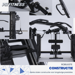 Details van de stalen constructie, pull-up bar, lat pulldown-zitting en voetsteunen van het Apex Pro Rack
