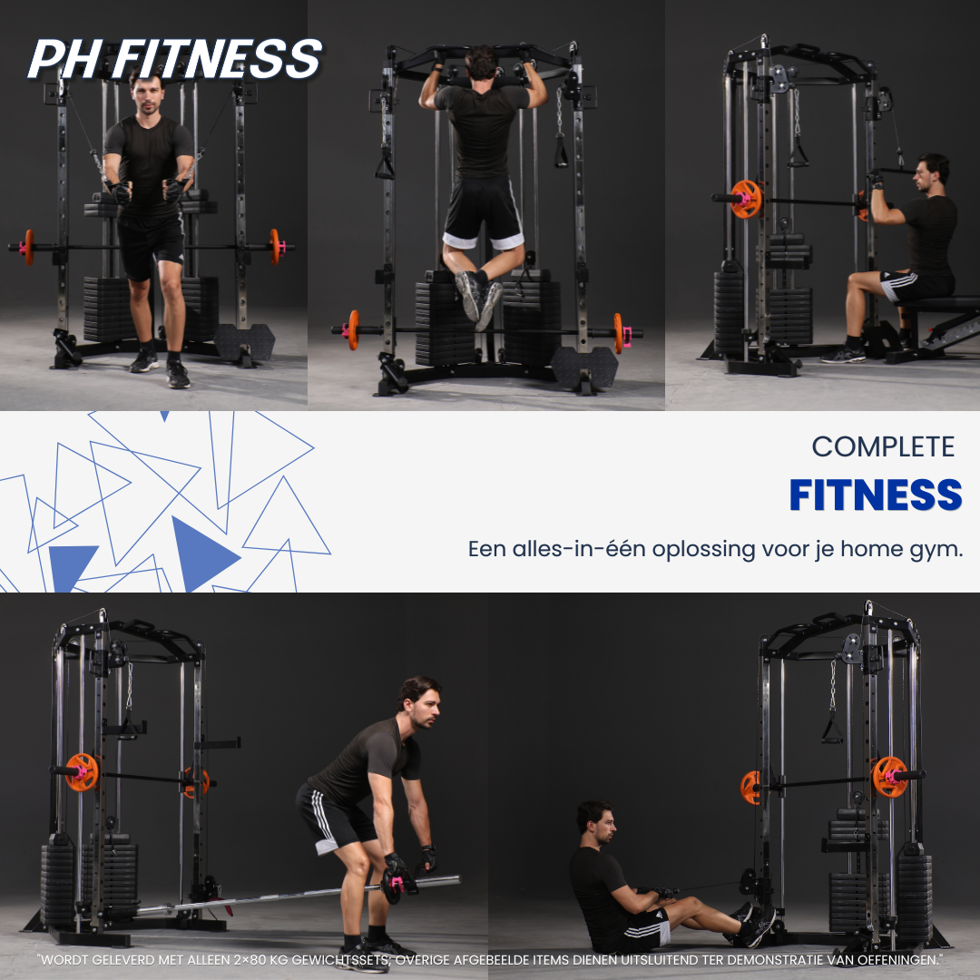 Trainingsmogelijkheden op de PH Fitness Corner Smith Machine voor optrekken, roeien en kabeloefeningen