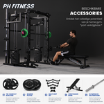 PH Fitness Premium Series Power Rack K1S met twee gewichtstapels, halterbank en getoonde accessoires