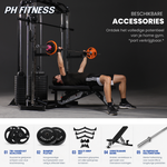 PH Fitness Corner Cable Crossover met halterbank en getoonde optionele trainingsaccessoires