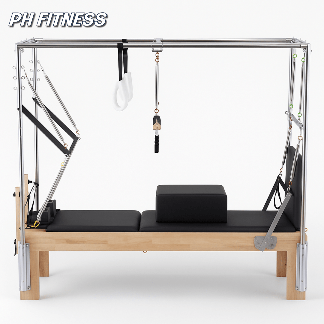 PH Fitness Cadillac Tower, volledig vooraanzicht met trapezestang, push-through bar, veren, handgrepen en zwarte bekleding