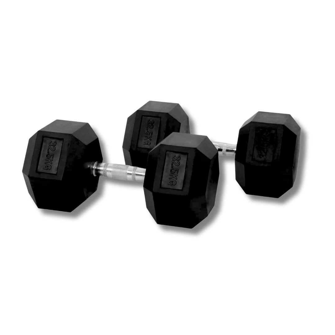 PH Fitness Hexa dumbbell 32,5 kg – zwarte rubberen koppen en chromen handgreep