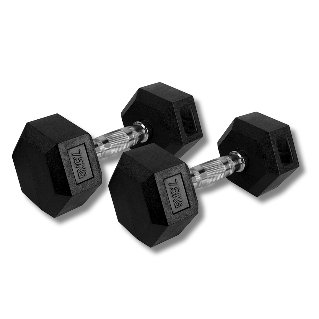 PH Fitness Hexa dumbbell 7,5 kg – zwarte rubberen koppen en chromen handgreep