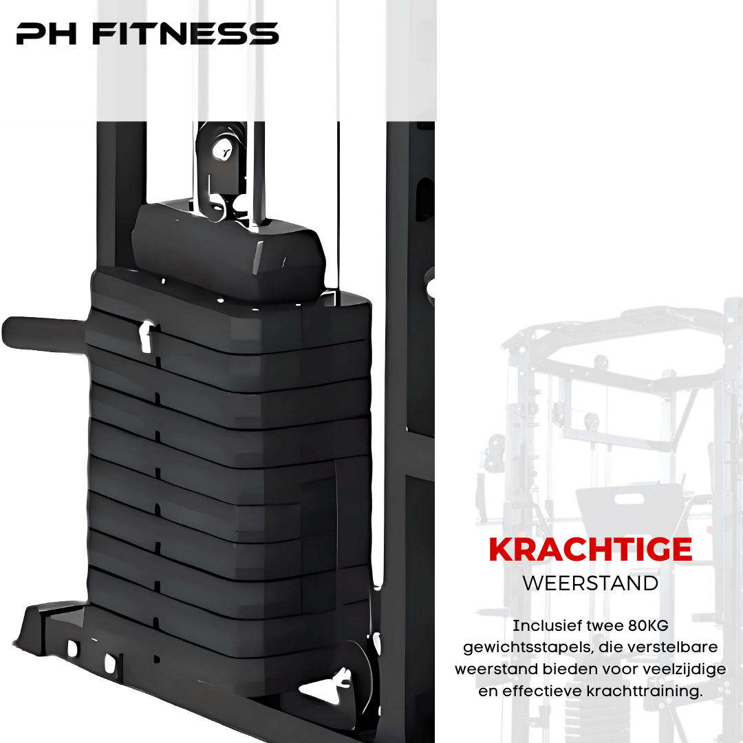 Premium Power Rack met Smith Machine, Leg Press en 160KG Gewichtsstapel - PH Fitness