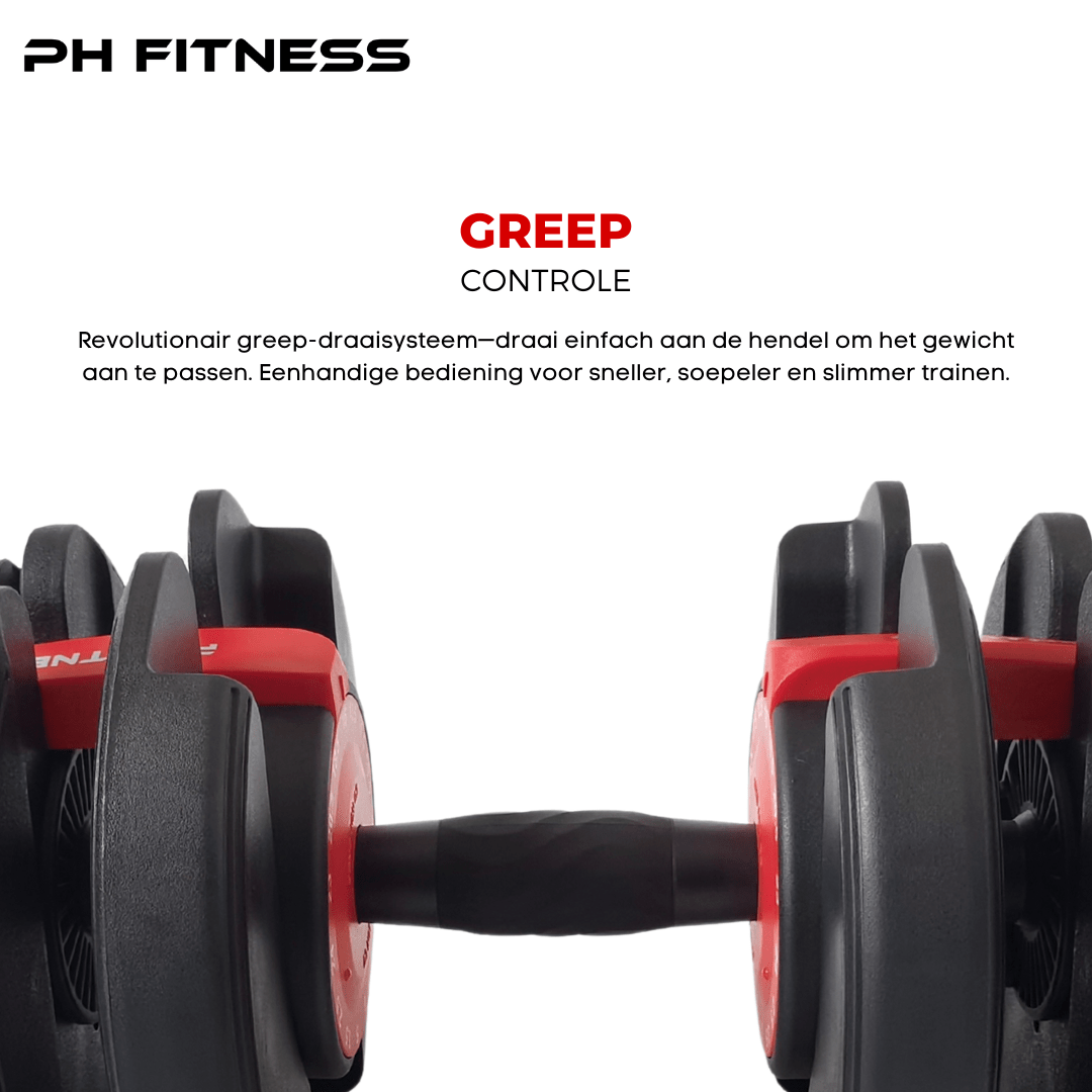 Handgreep en draaisysteem van de rode PH Fitness Premium 24 kg dumbbell