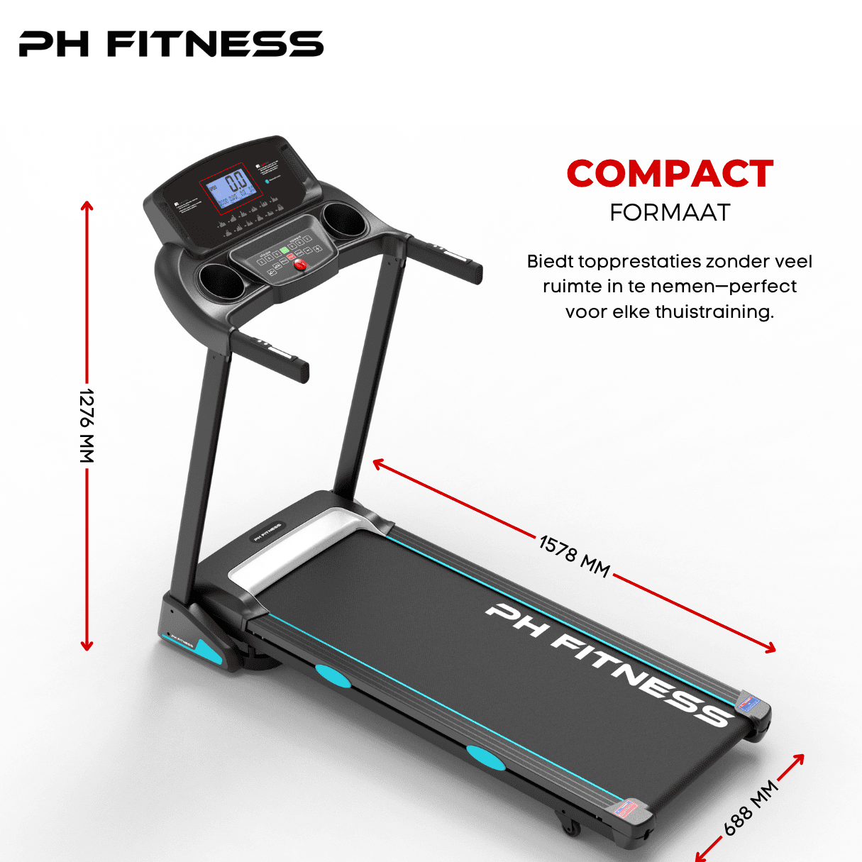 PRO - 190 Opvouwbare Loopband – 2.5HP, 18km/u, 15% Automatische Hellingshoek, Bluetooth, 130kg Draagvermogen - PH Fitness