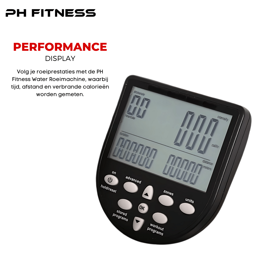 Trainingsdisplay van de PH Fitness Water Rower met prestatiegegevens