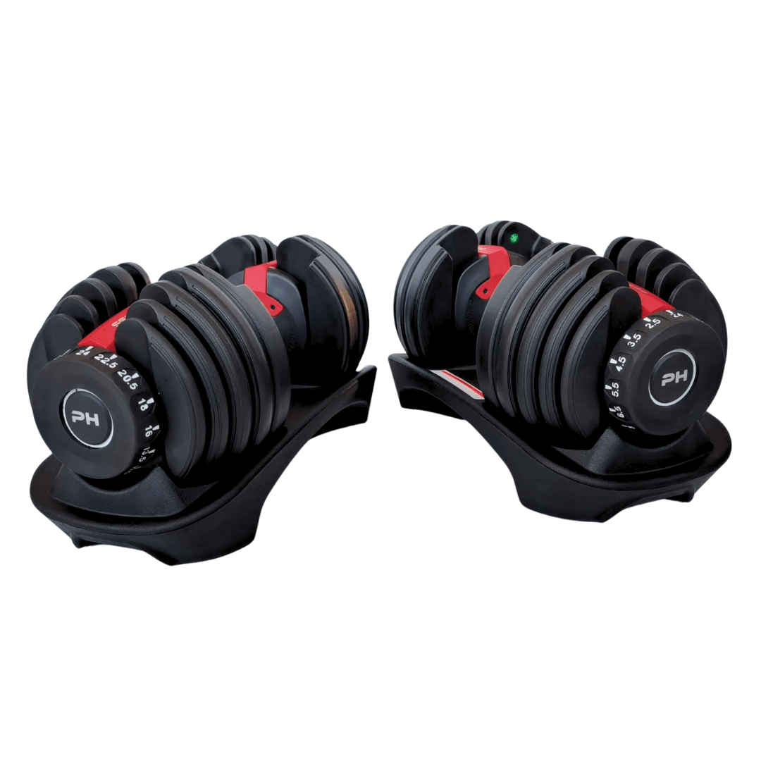 Rode PH Fitness Smart Series verstelbare dumbbells in hun opbergbases